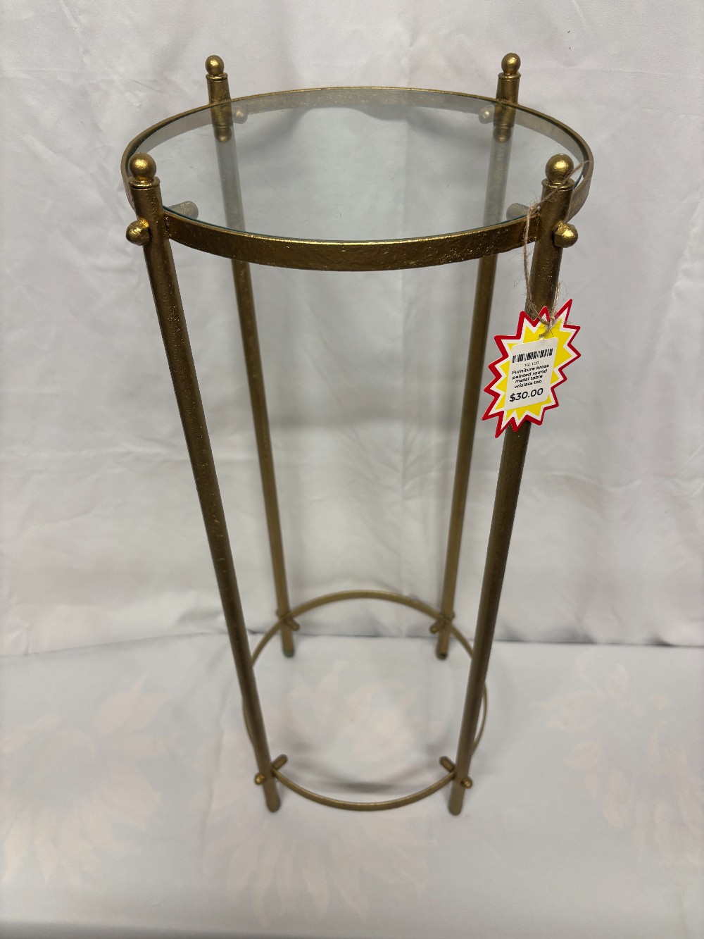 Furniture brass painted round metal table w/glass top