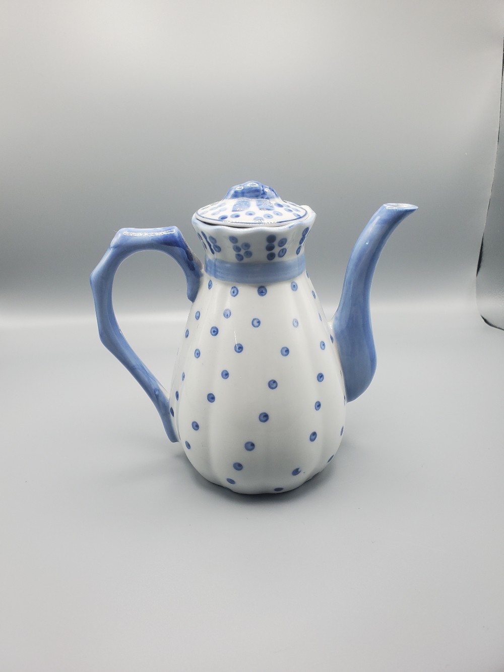 Vintage Blue and White Polka Dot Ceramic Teapot