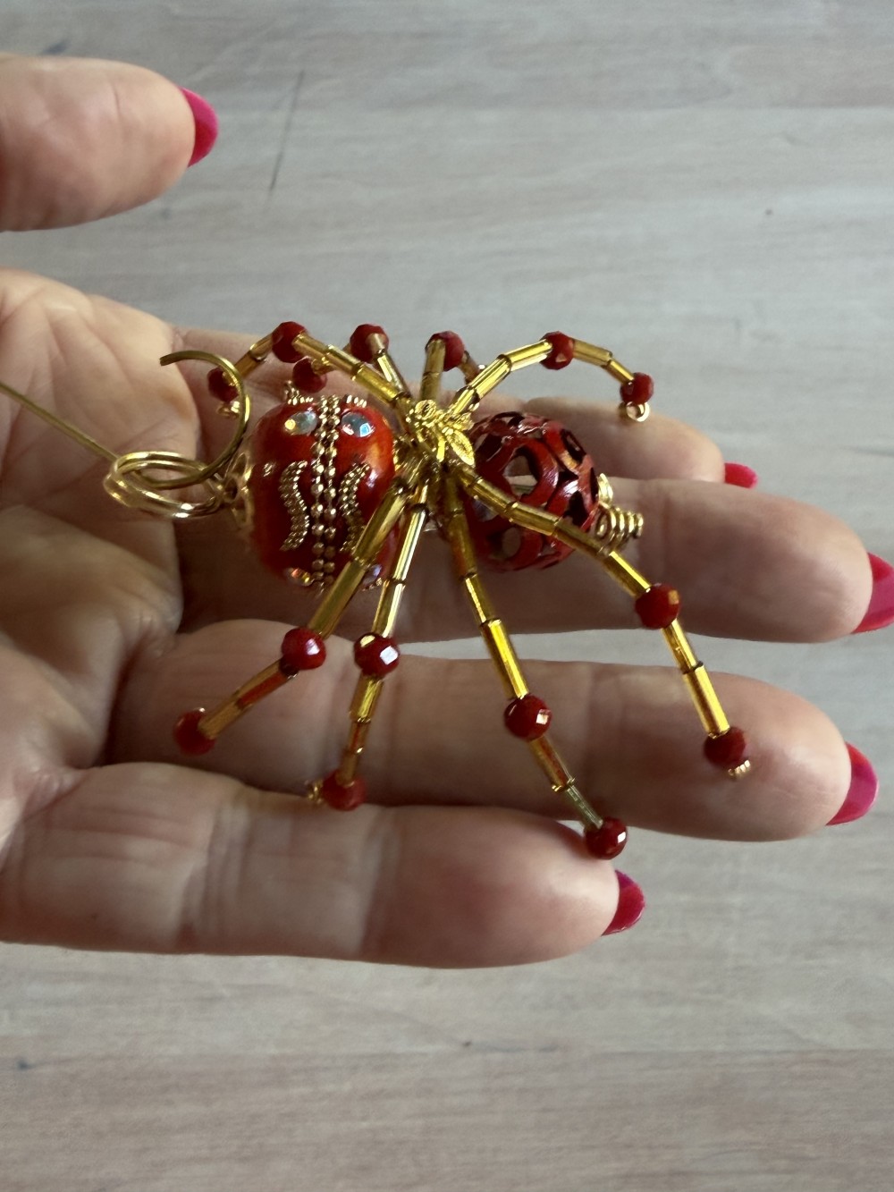 Ornament - Spider L Red Gold Embellished Bead