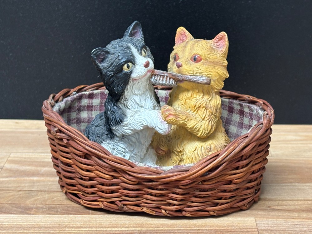 Living Stone Cat Figurine Kittens with Brush in Wicker Basket Vintage
