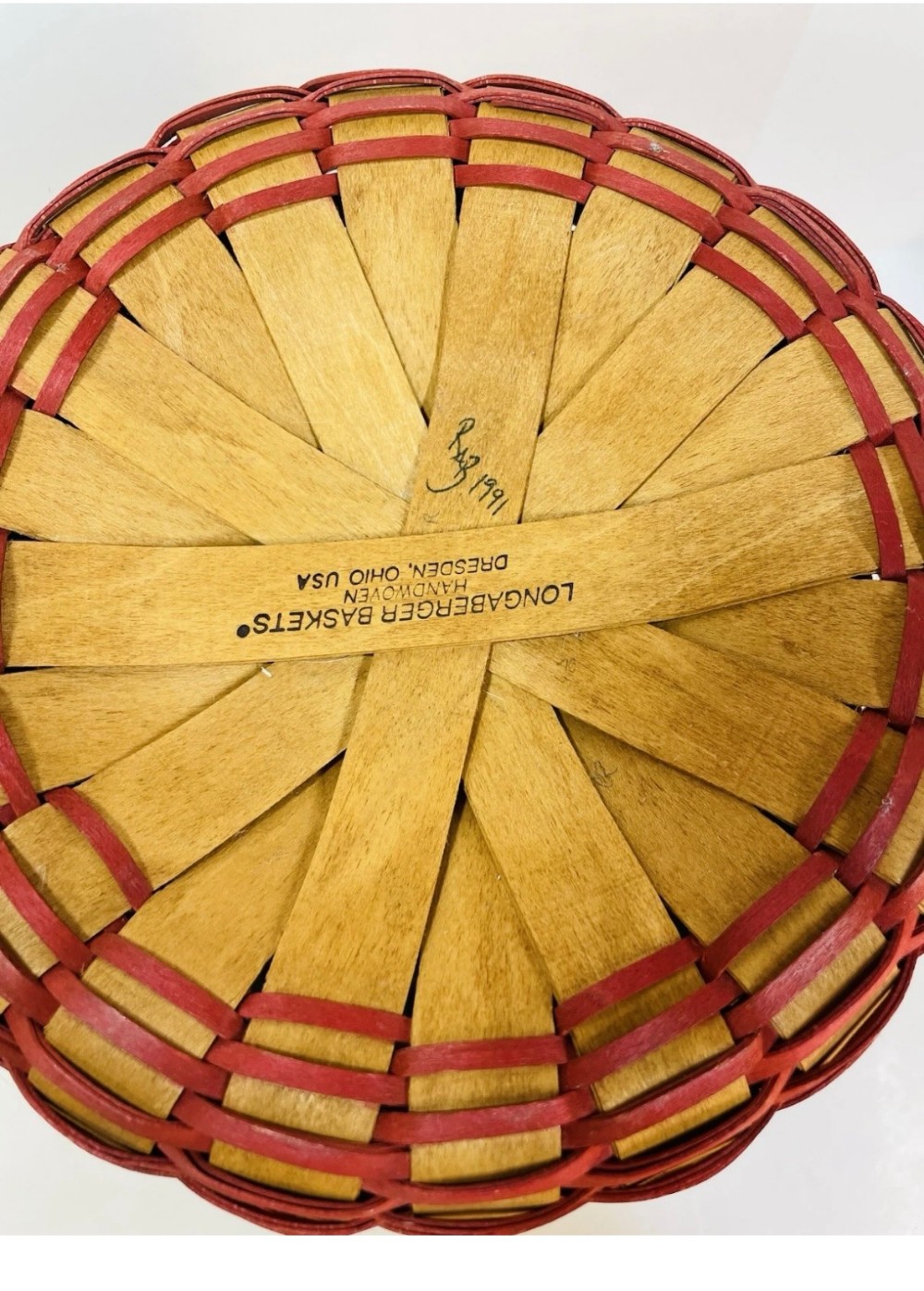 Basket Longaberger 1991 Handwoven Waste Basket Red & Green Accent Signed Weaver 13 Inches