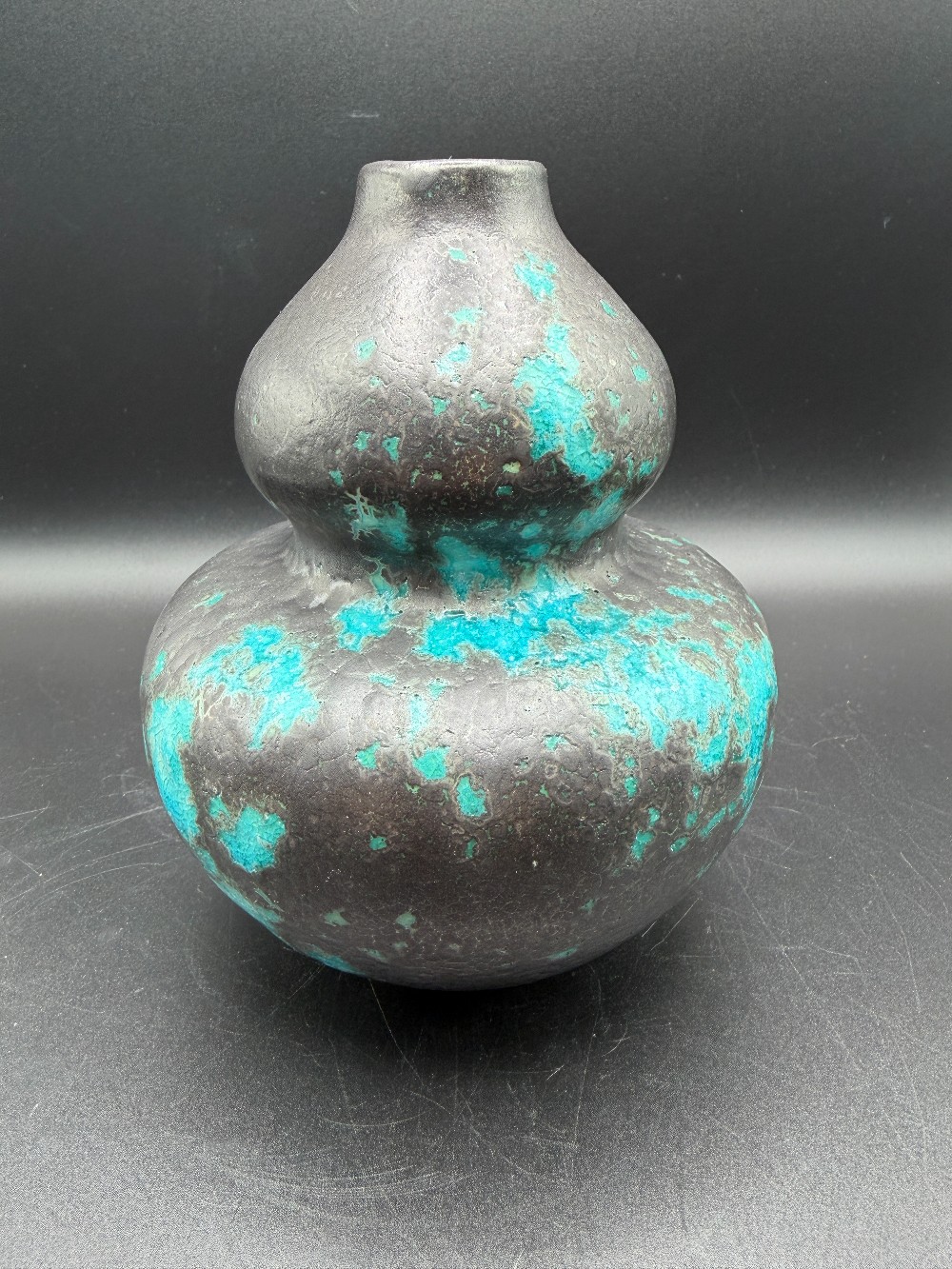 Brutalist Turquoise & Black Volcanic Glaze Double Gourd Vase Mid-Century