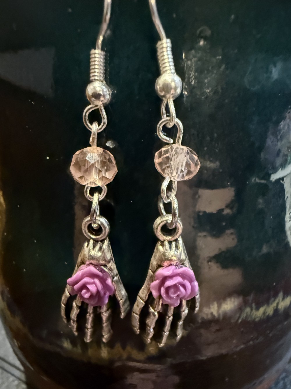 Earrings - Skeleton Hands Purple Rose