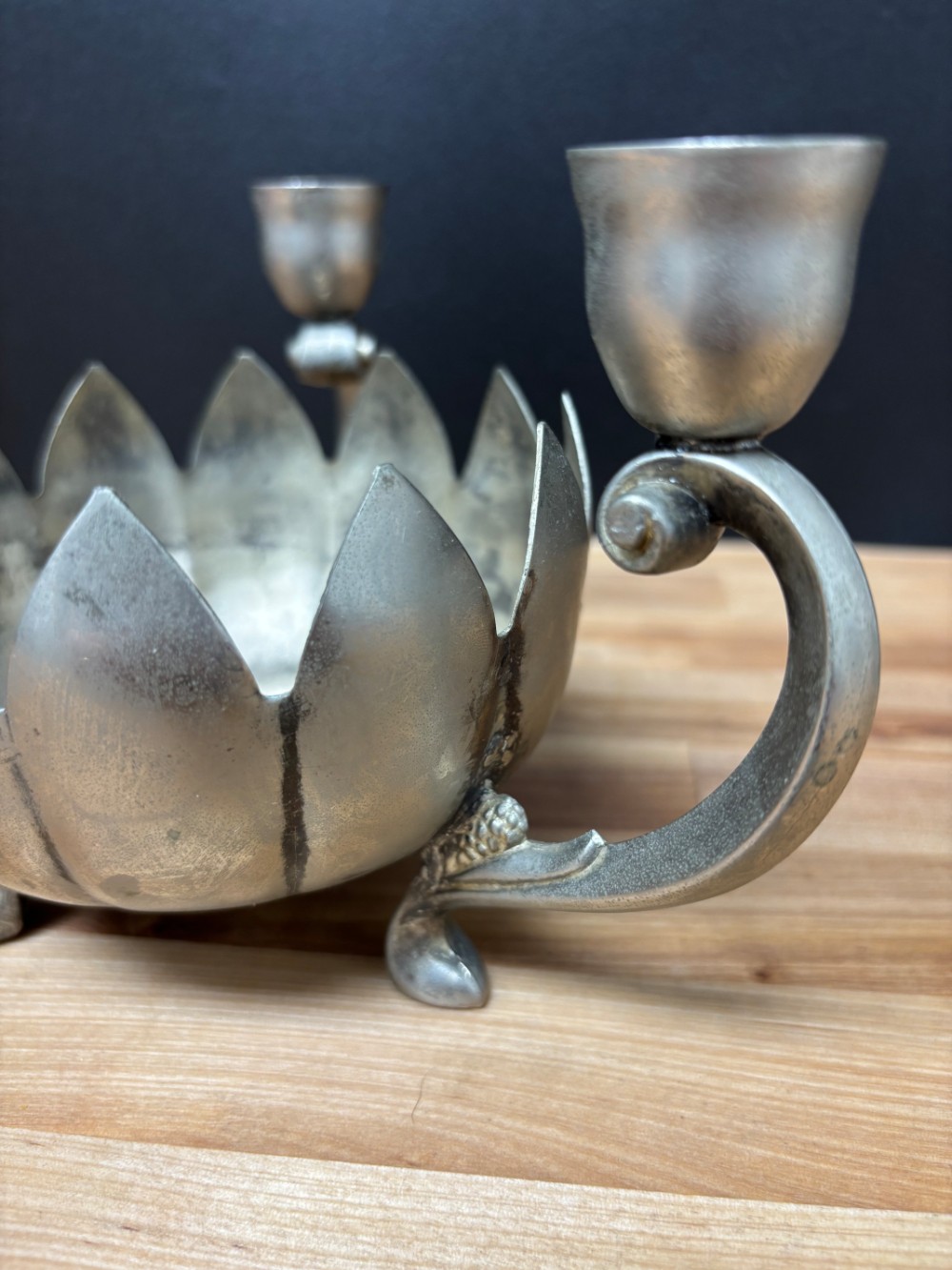 Candle Holder 3 Arm Lotus Flower Centerpiece Vintage Silverplate Hong Kong With Candle