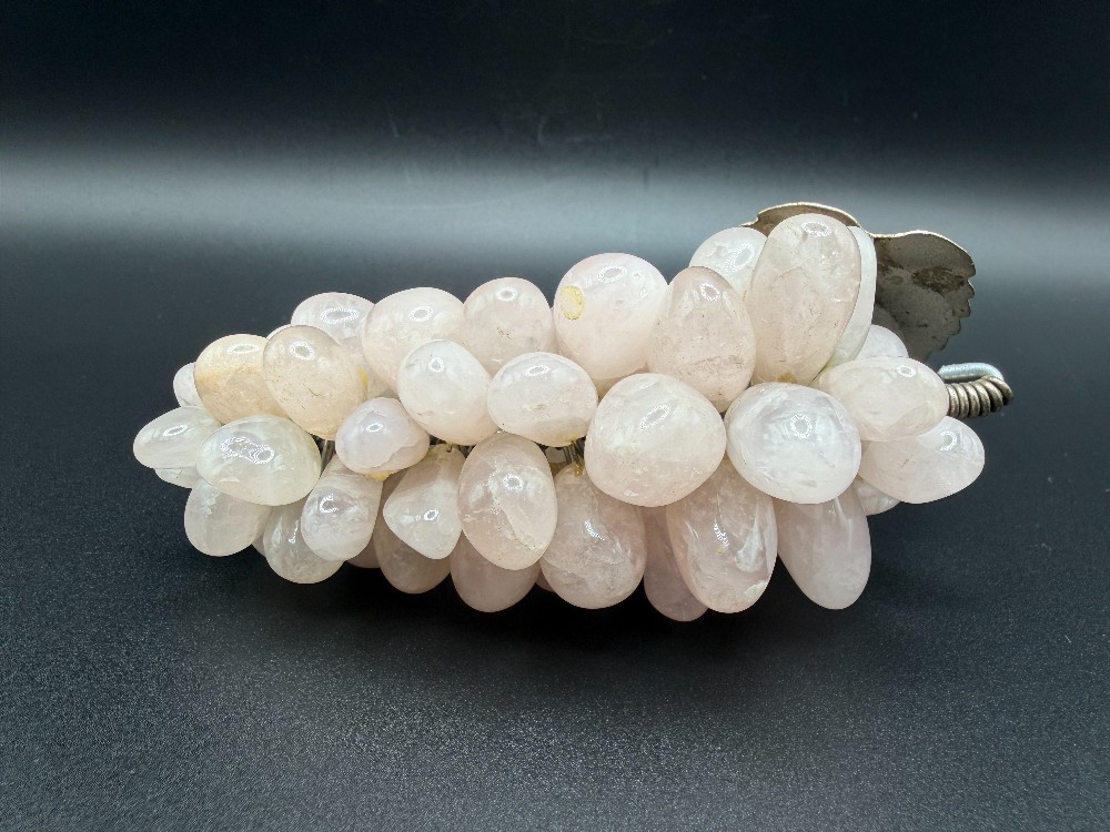Vintage Mid-Century Rose Quartz Grape Cluster – Polished Stone Fruit with Metal Leaf