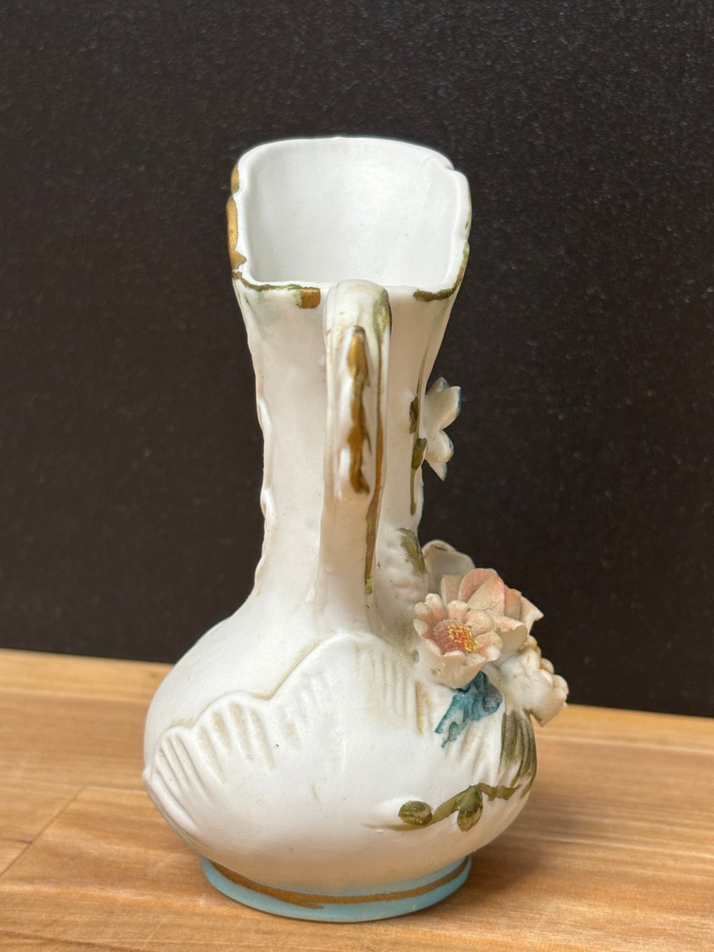 Vintage Ceramic Bisque Floral Ewer Pitcher Applied Flowers Gold Trim 4 Inch