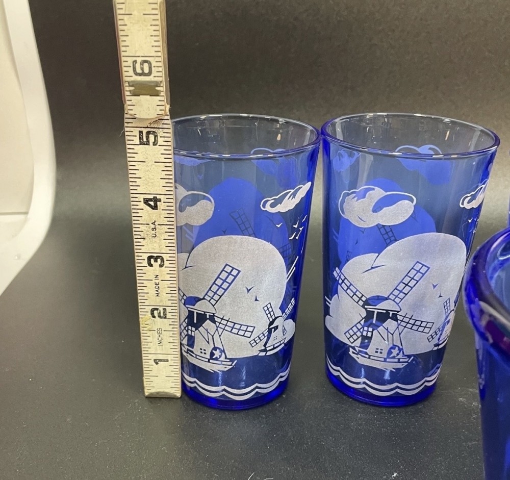 Cocktail Glass Set Hazel Atlas Cobalt Blue Dutch Windmill Ice Bucket 4 Glasses 4 Stir Sticks Vintage