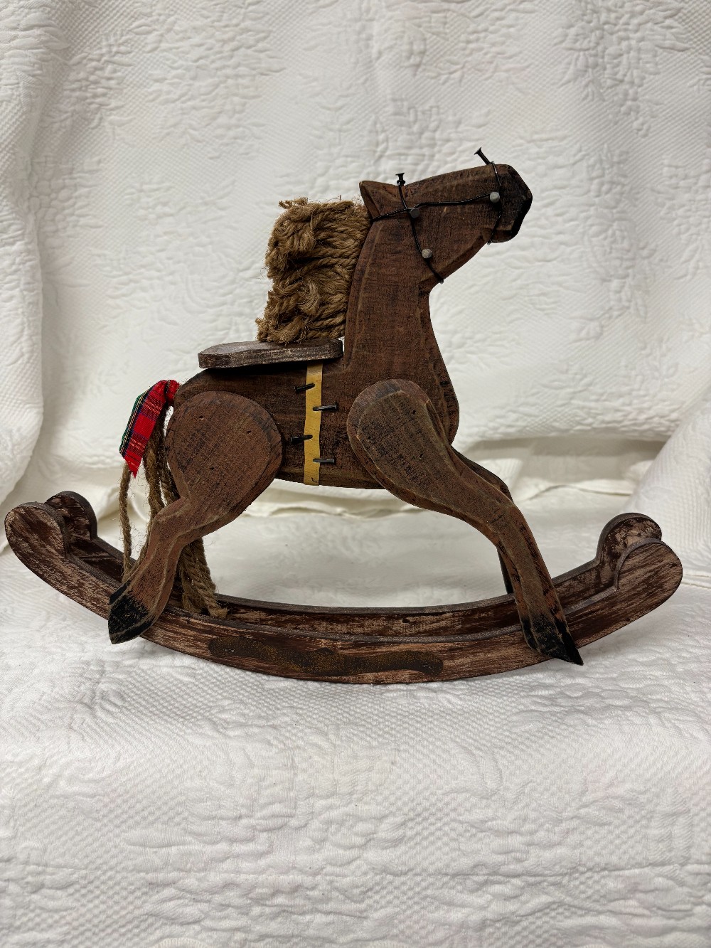 Rocking horse wood w/nail trim & plaid bow