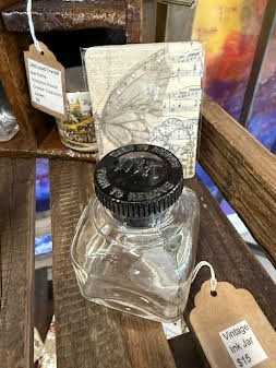Vintage Clear Glass Ink Jar Black Lid