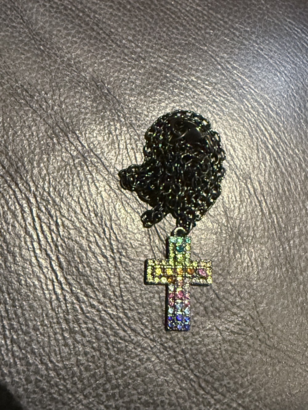 Pendant Necklace - Colored Rhinestone Cross set in Black