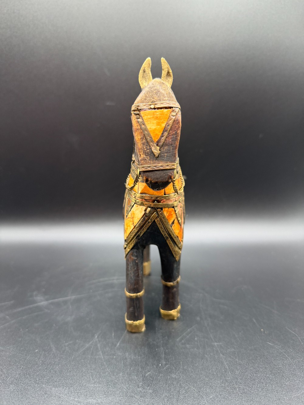 Vintage Indian Hand-Carved Wooden War Horse - Brass Armour & Bone Inlay Rajasthani Folk Art Sculpture
