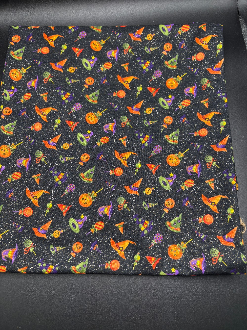 Halloween linens table cover black sparkly w/Halloween items 42x45