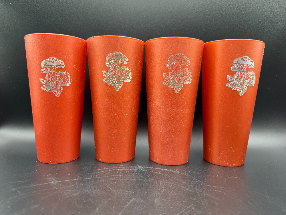 Vintage 1970s Nasco Plastic Mushroom Tumblers - Rust Copper & Silver Toadstool Cups - Set of 4 (Mold 3072)