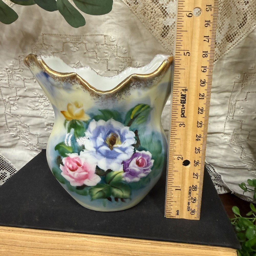 Vintage Hand-Painted Porcelain Rose Vase | Ruffled Rim | Gold Trim | Pink Lavender Roses | Victorian Style