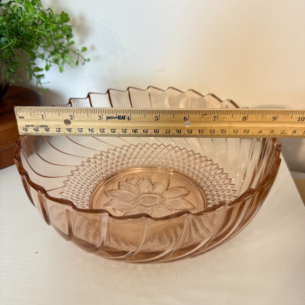 Pink Depression Glass Serving Bowl, Sunflower & Diamond Point
