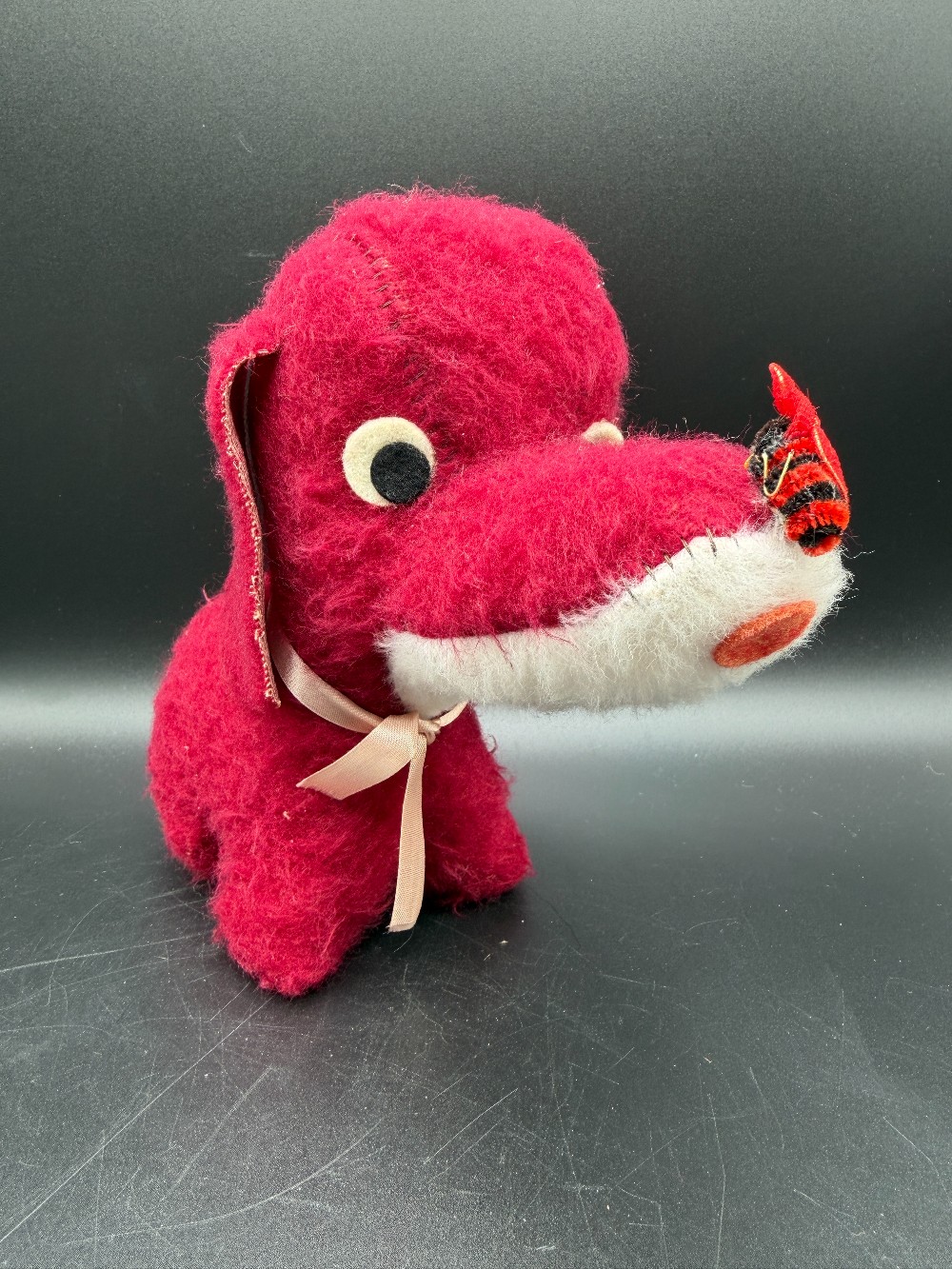 Vintage 1950s Red Plush Carnival Prize Puppy Dog with Mesh Ladybug on Nose