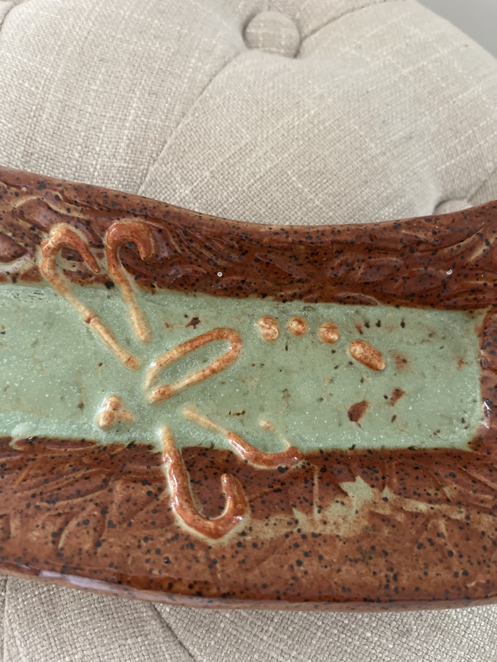 Handmade ceramic tray with raised dragonfly details