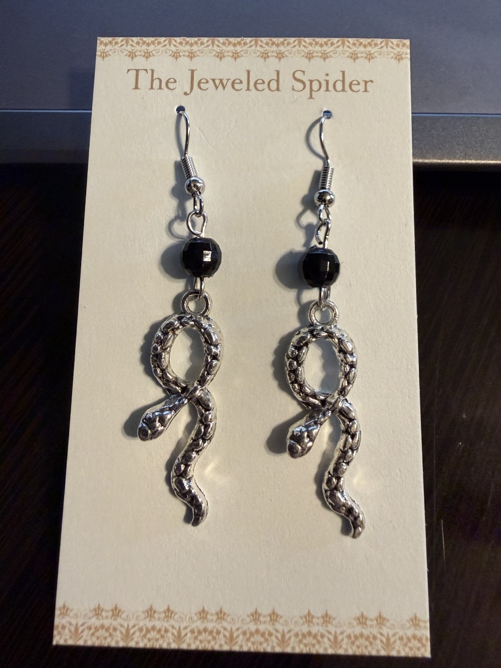 Earrings - Looped Snake Black Bead Snake, Serpent, Snakes, Serpents