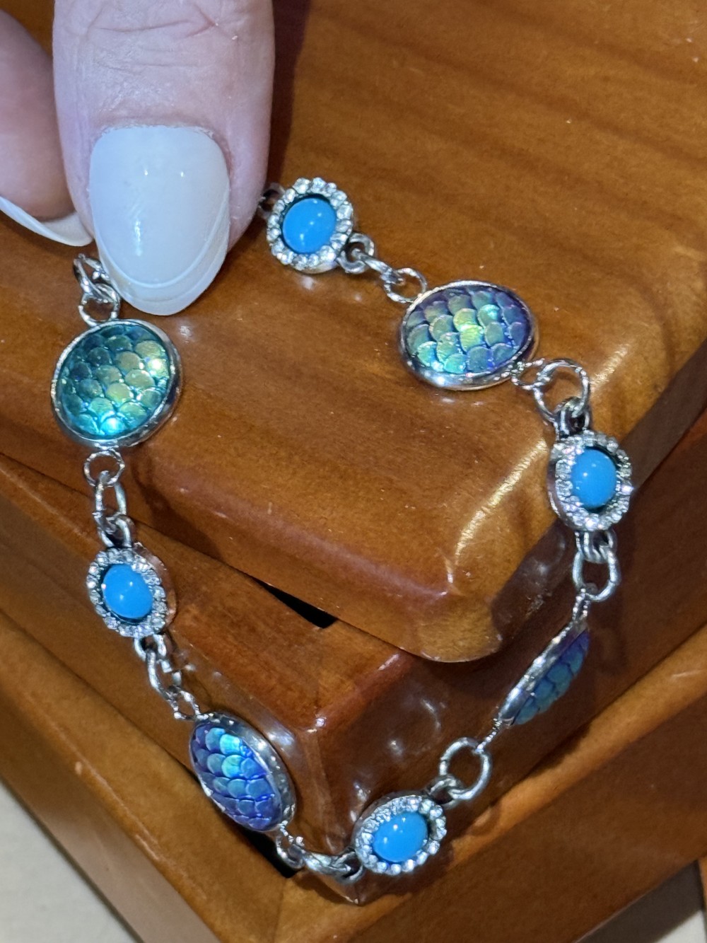 Bracelet Mermaid or Dragon Skin Medallions with Teal & Rhinestone Accents