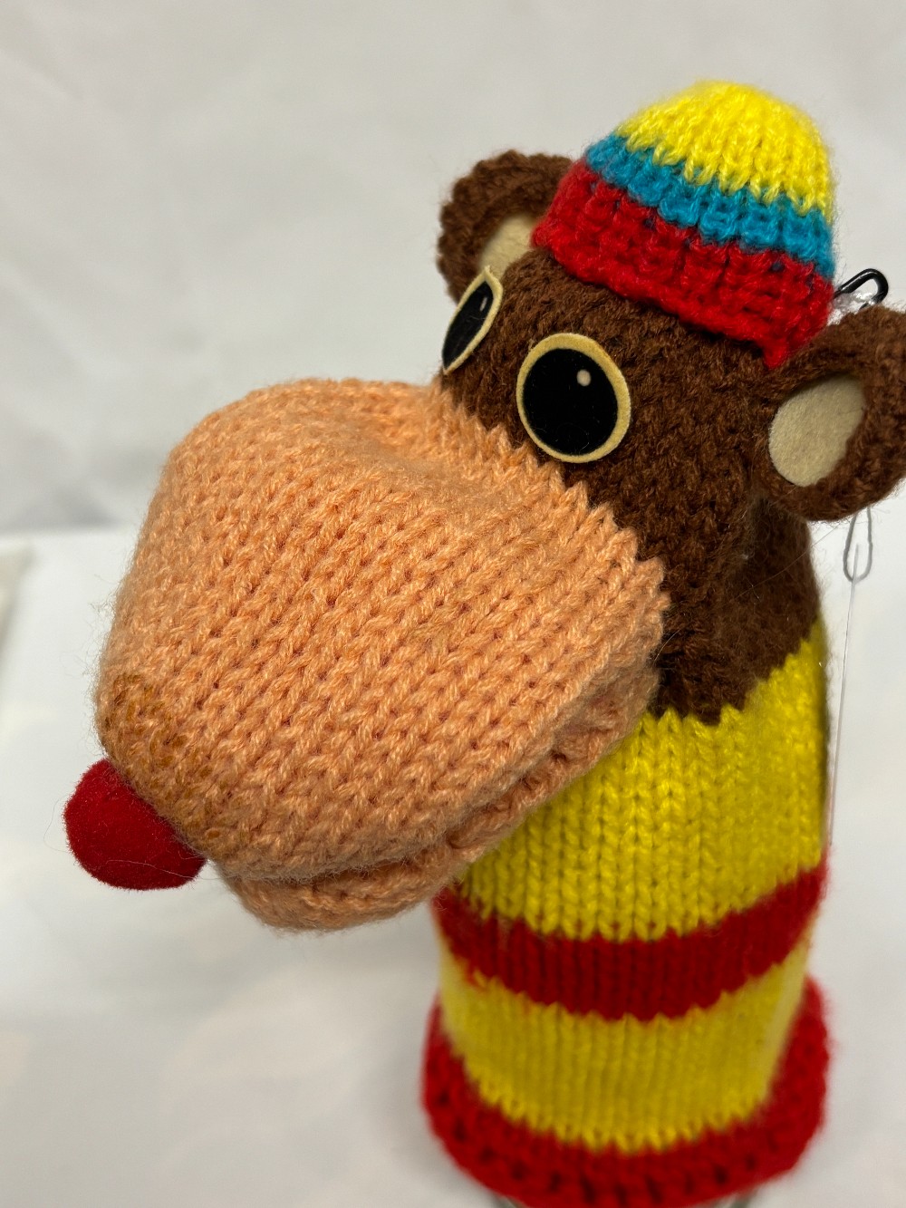Plush knitted hand puppet red yellow brown stripes bear Russ Berrie