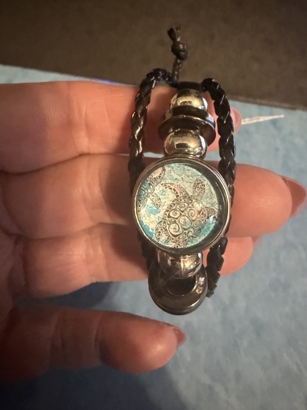 Bracelet- Genuine Leather black 3 strap Turtle