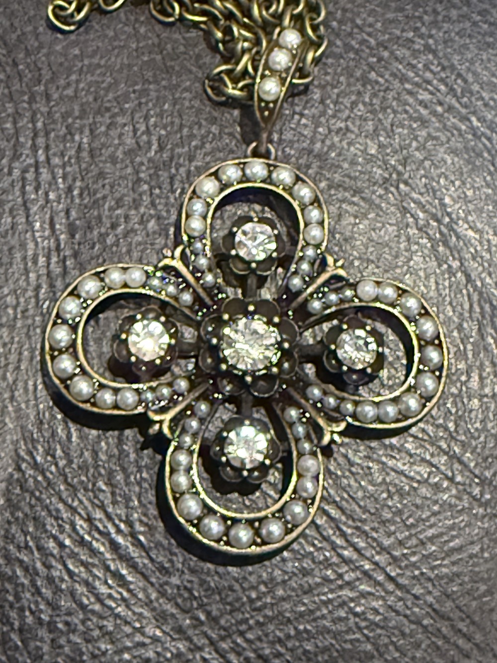 Pendant Necklace - Bronze Medallion with Pearl and Rhinestone