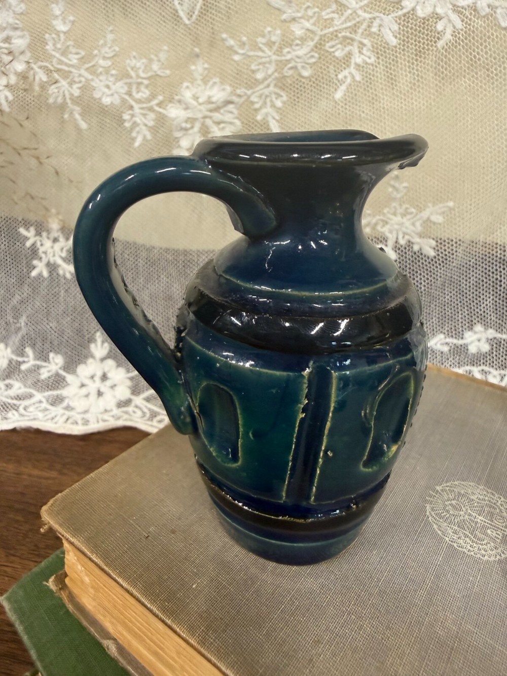 Blue Glazed Pottery Pitcher with Arched Panels