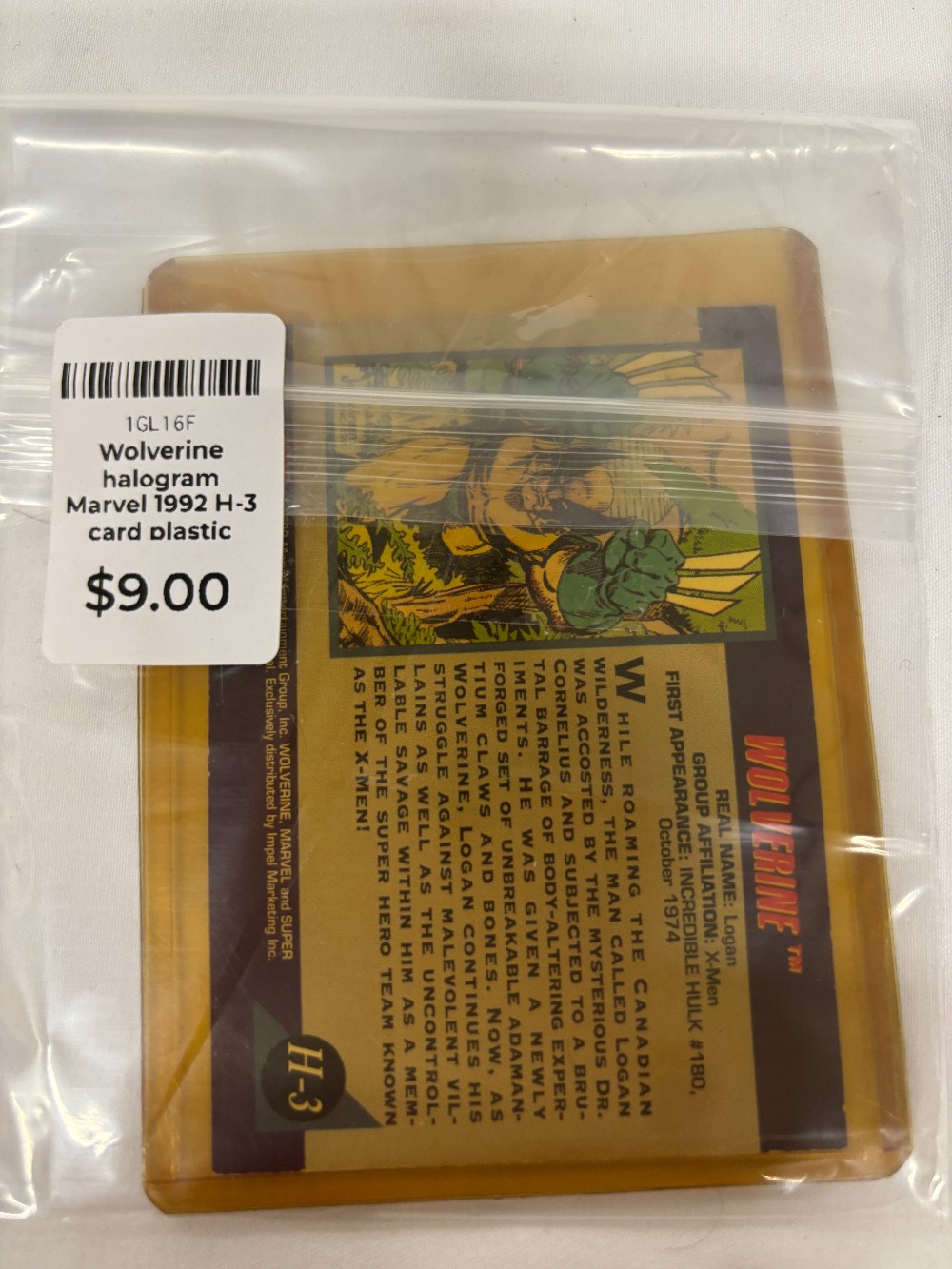 Card Wolverine halogram Marvel 1992 H-3 card plastic case