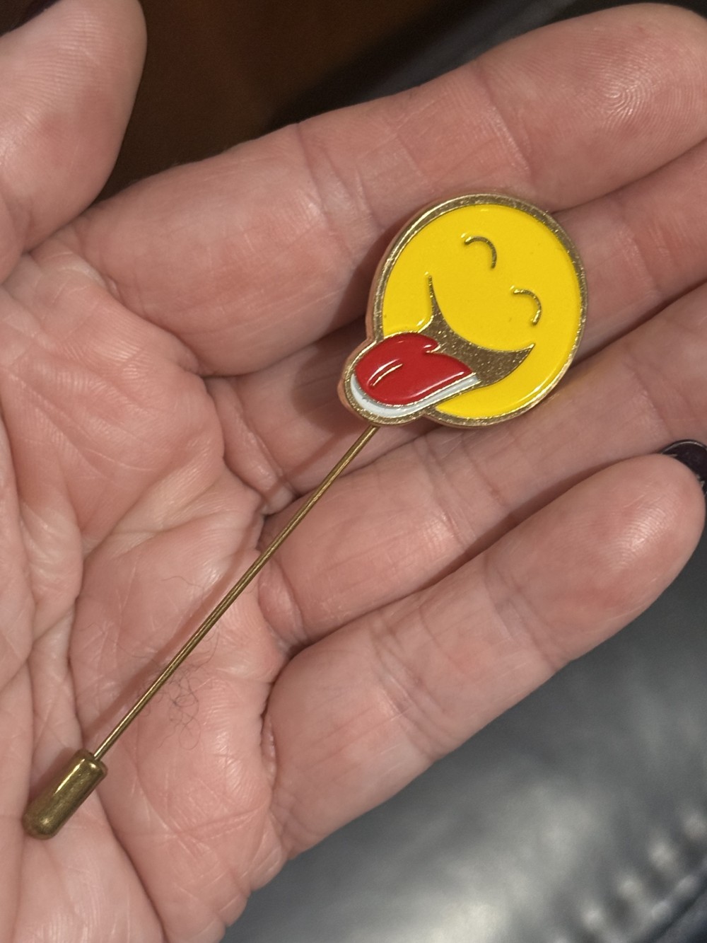 Hat Pin / Scarf Pin - Yellow Emoji with Tongue Out, Lapel Pin, Hat Pins