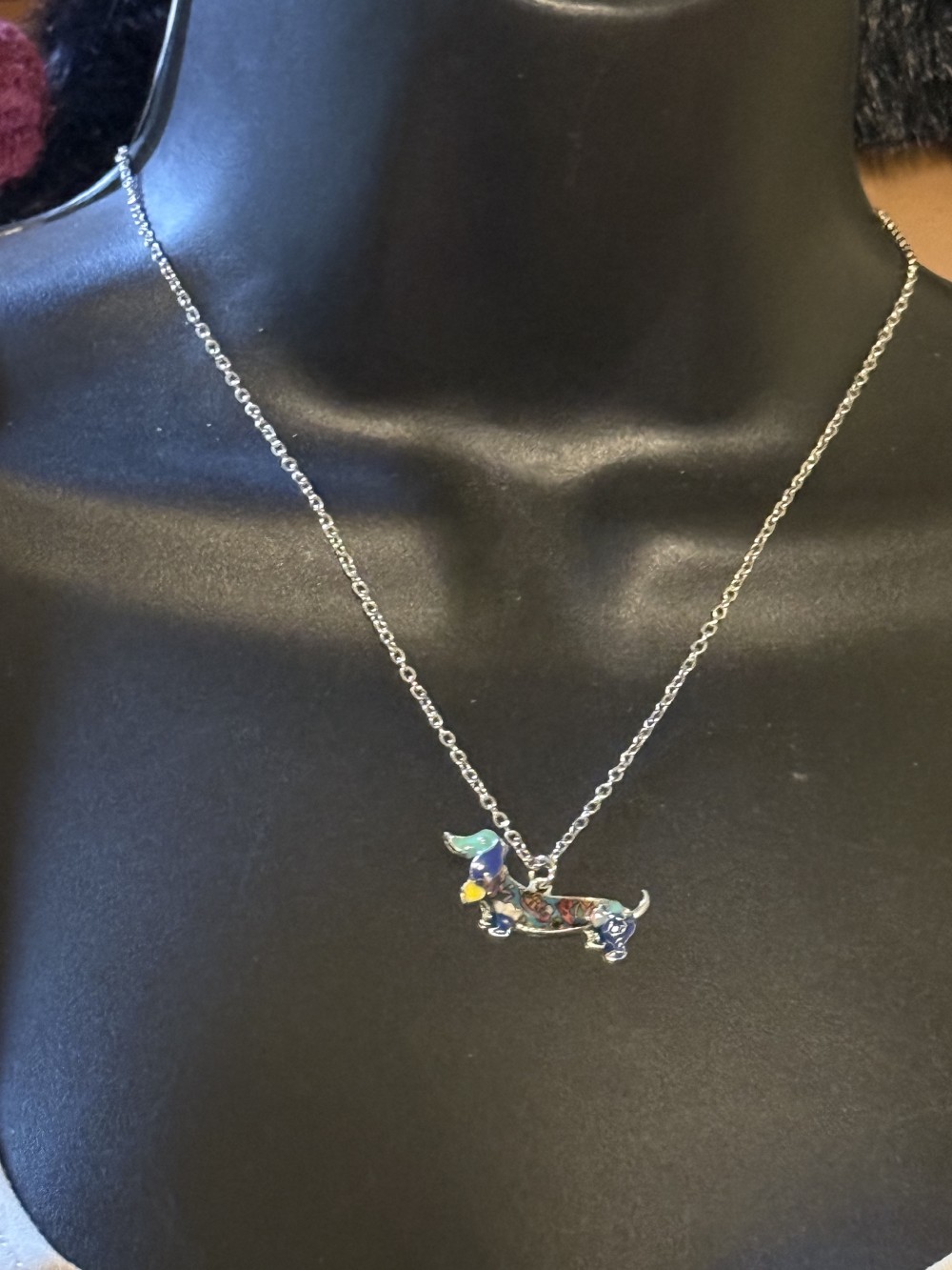 Necklace Enamel Dachshund Blue Patterned, Dog, Doxie