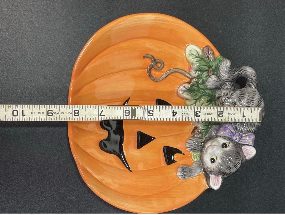 Candy Dish Fitz and Floyd Essentials Halloween Jack-O'-Lantern Pumpkin Gray Cat Ceramic 9