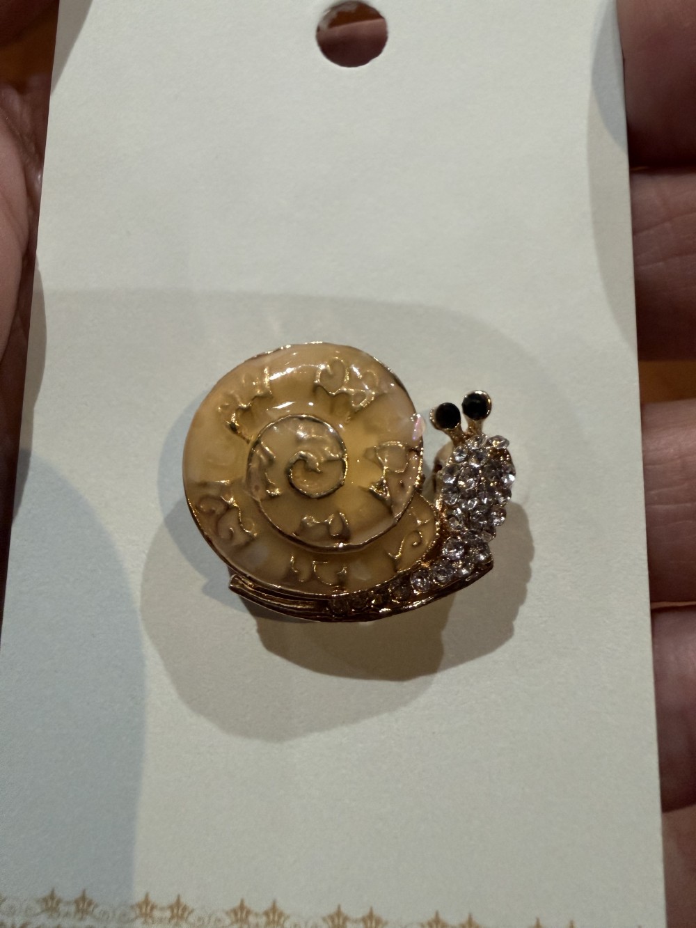 Brooch Pin - Snail in Cream Enamel & Rhinestones