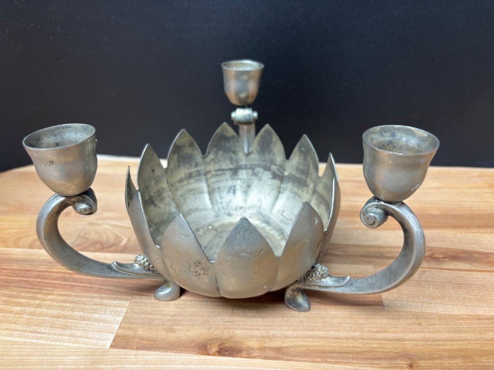 Candle Holder 3 Arm Lotus Flower Centerpiece Vintage Silverplate Hong Kong With Candle