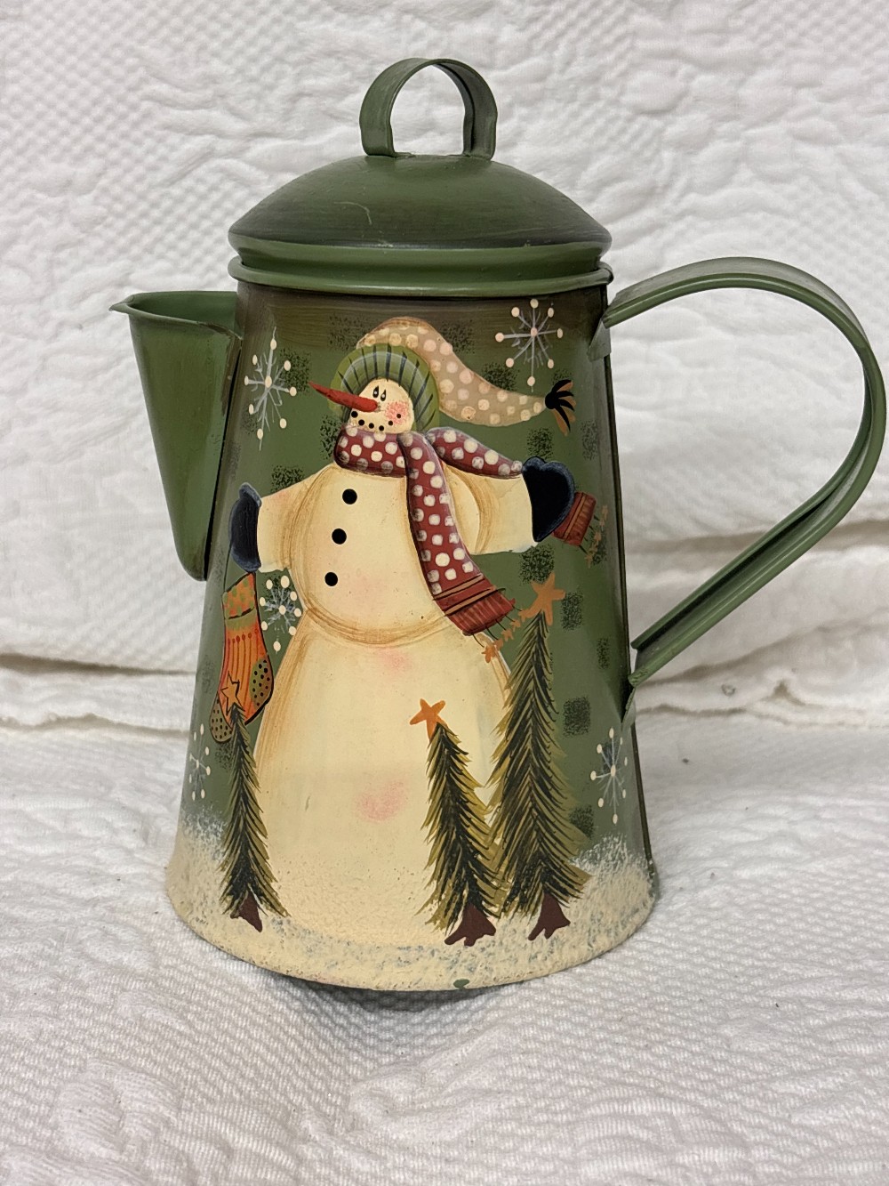 Sage green metal coffee pot tole painted snowman