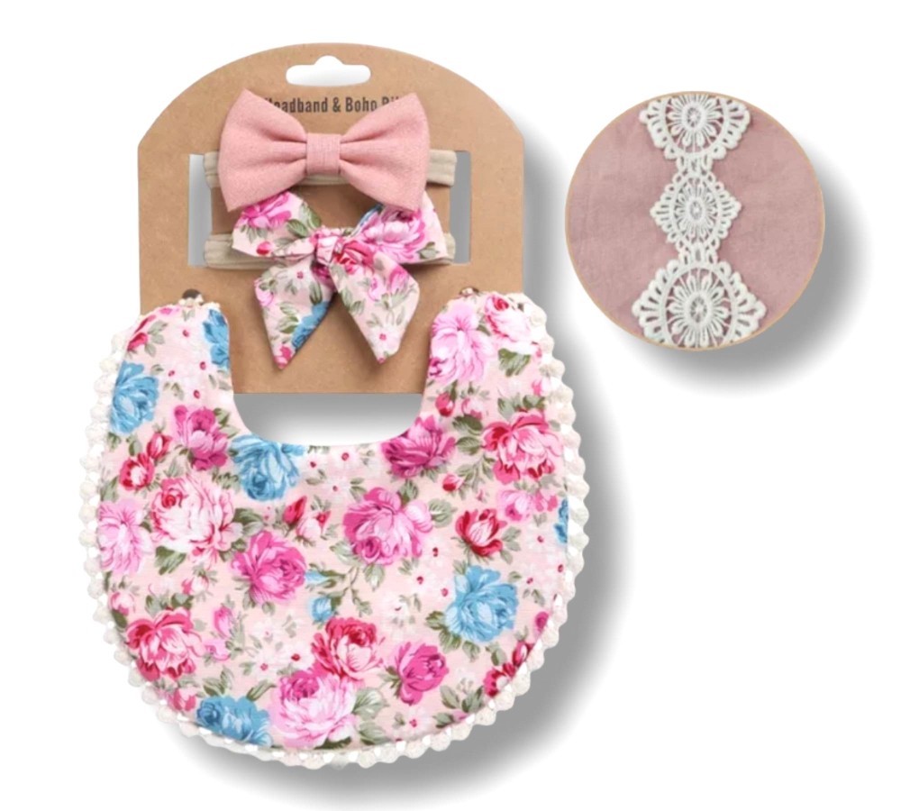 Baby Bib & Headband Set - Blue & Pink Floral