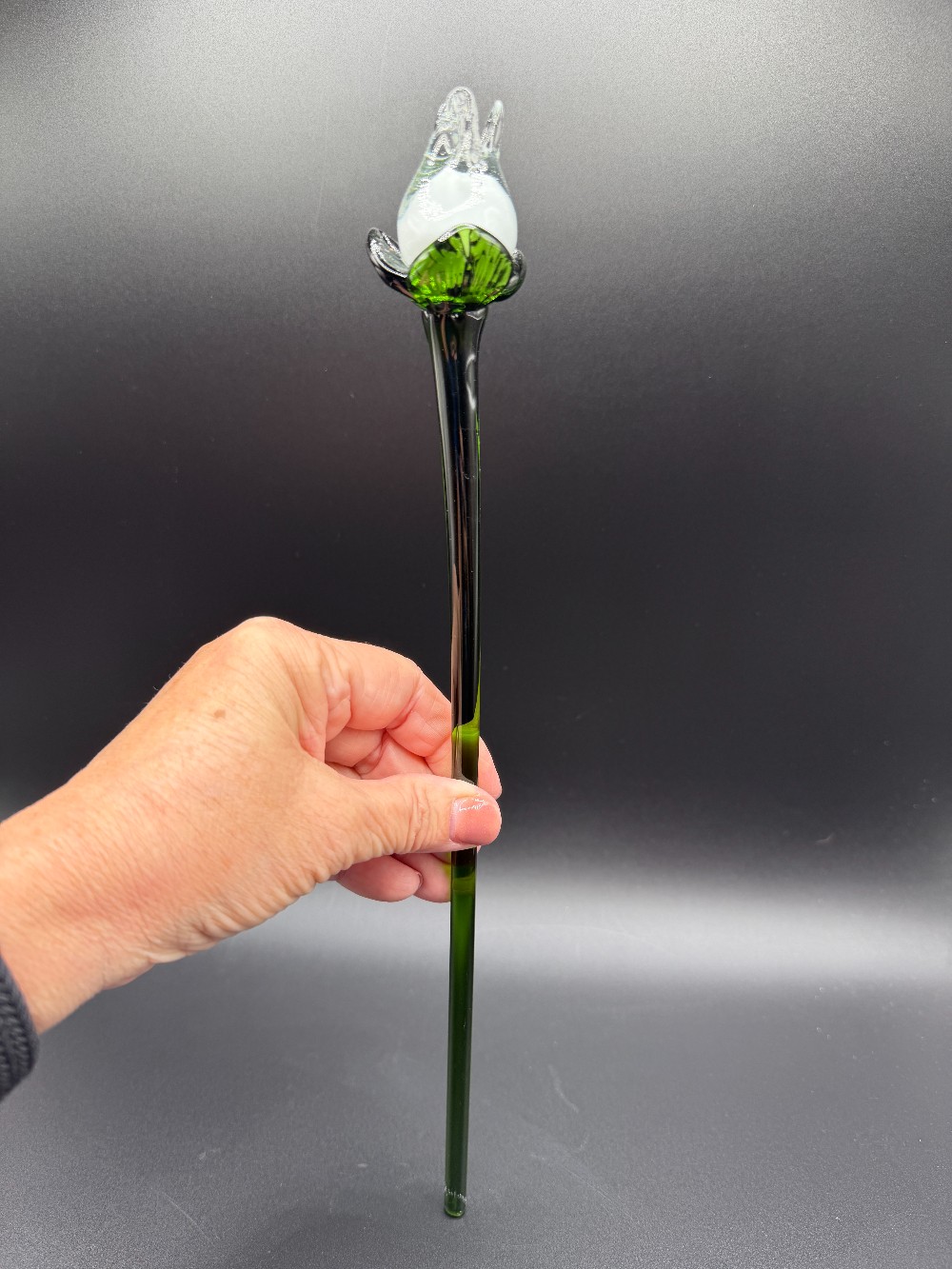 Hand Blown Glass Flower Plant Stake Rose Tulip Bud Stir Rod