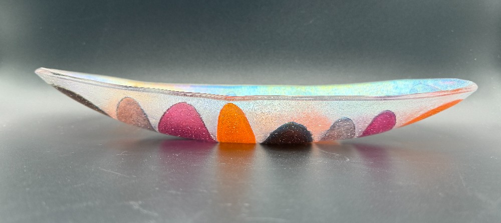 Signed Shepardson Studios 13 Inch Fused Art Glass Long Boat Bowl - Iridescent Dichroic Abstract