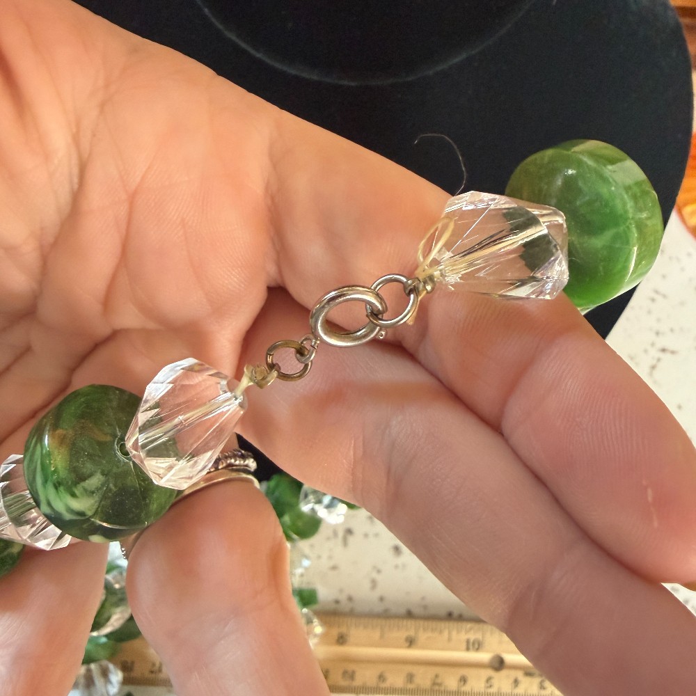 Vintage Green Marbled Bead and Crystal Long Flapper Necklace