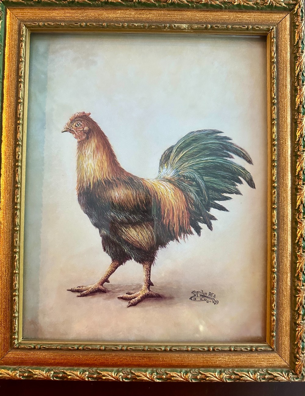 Pair Vint framed Rooster and Chicken Prints, artist Marilyn Rea