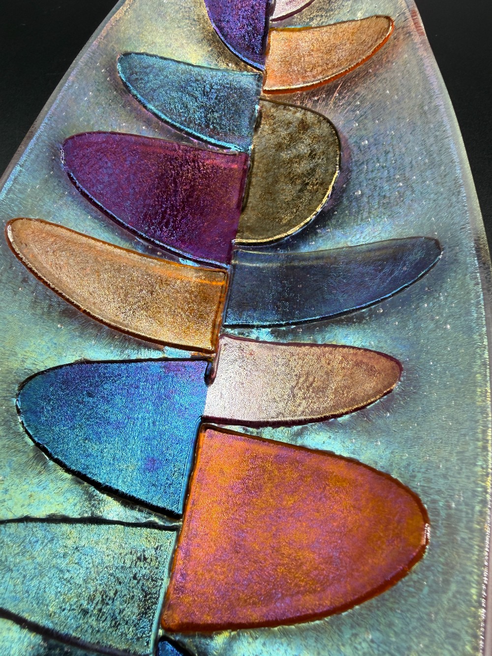 Signed Shepardson Studios 13 Inch Fused Art Glass Long Boat Bowl - Iridescent Dichroic Abstract