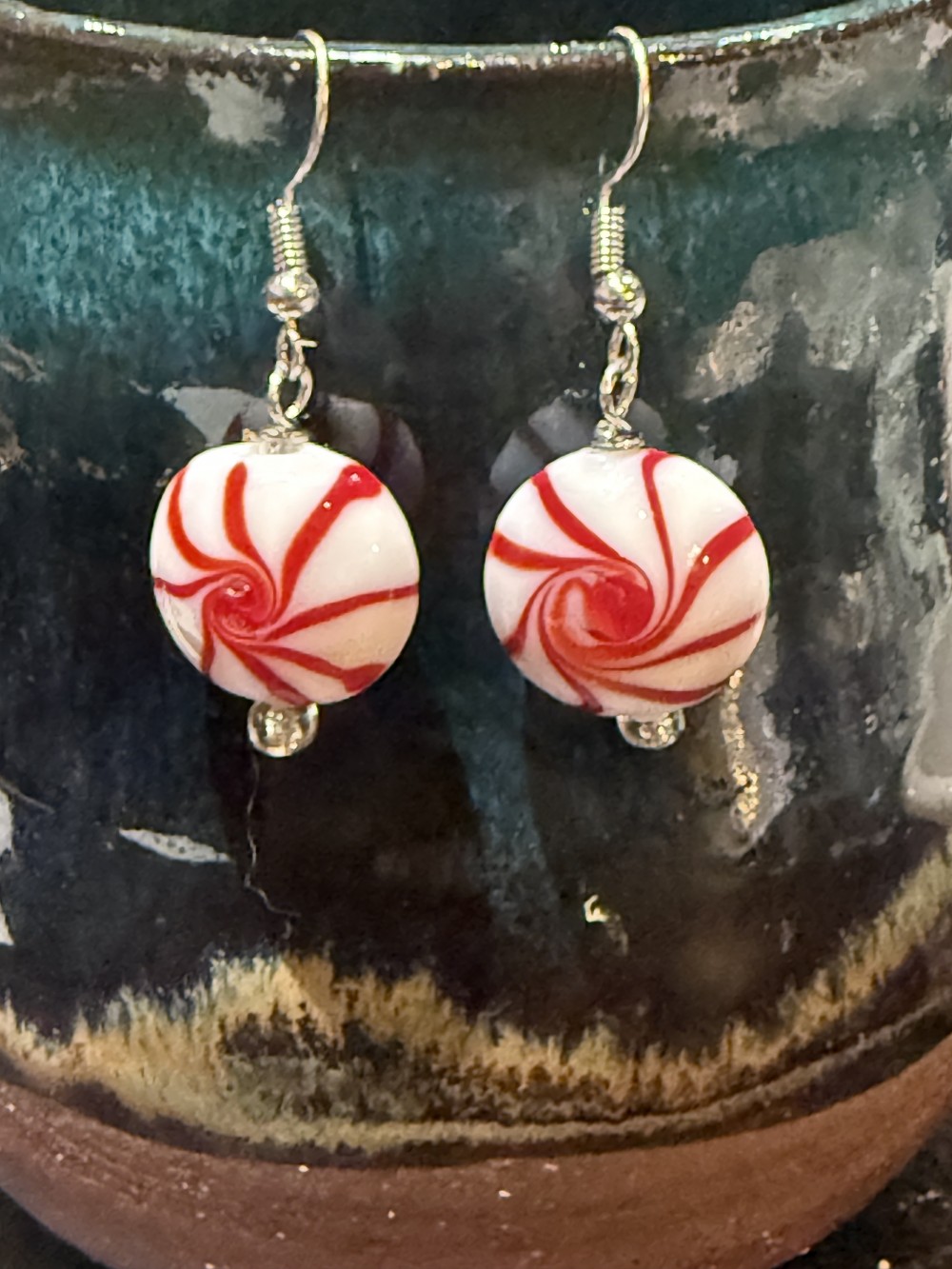 Earrings - Peppermint Candy in Red and White Lampwork Glass, Candies