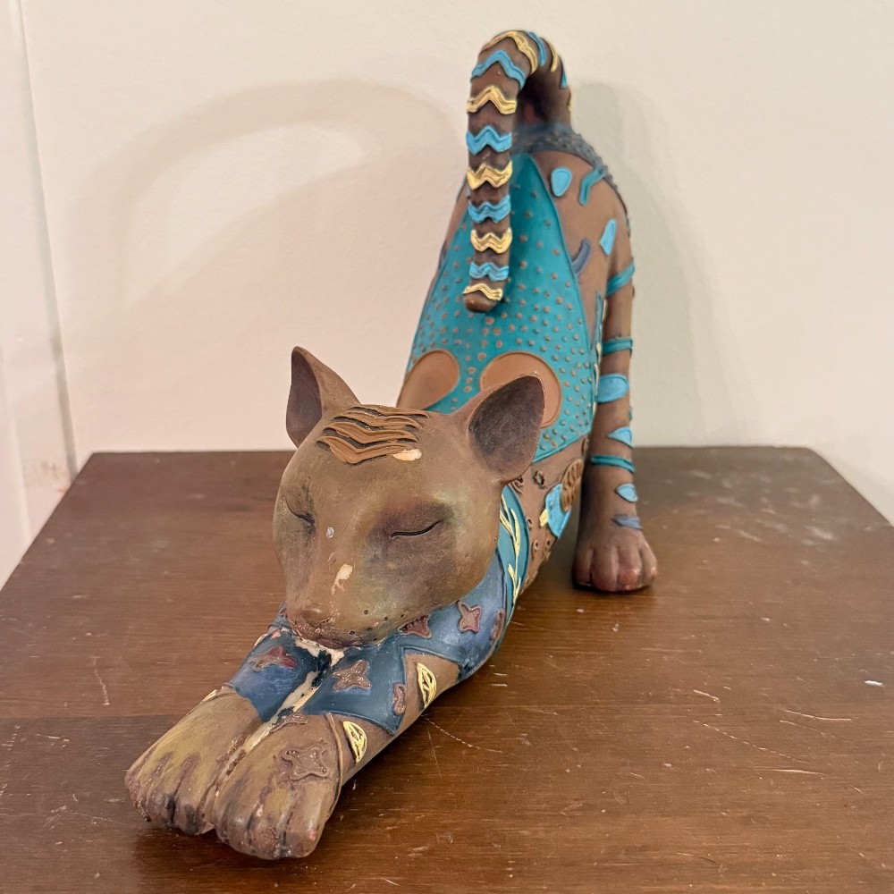 Stretching Cat Sculpture Turquoise and Terracotta Resin