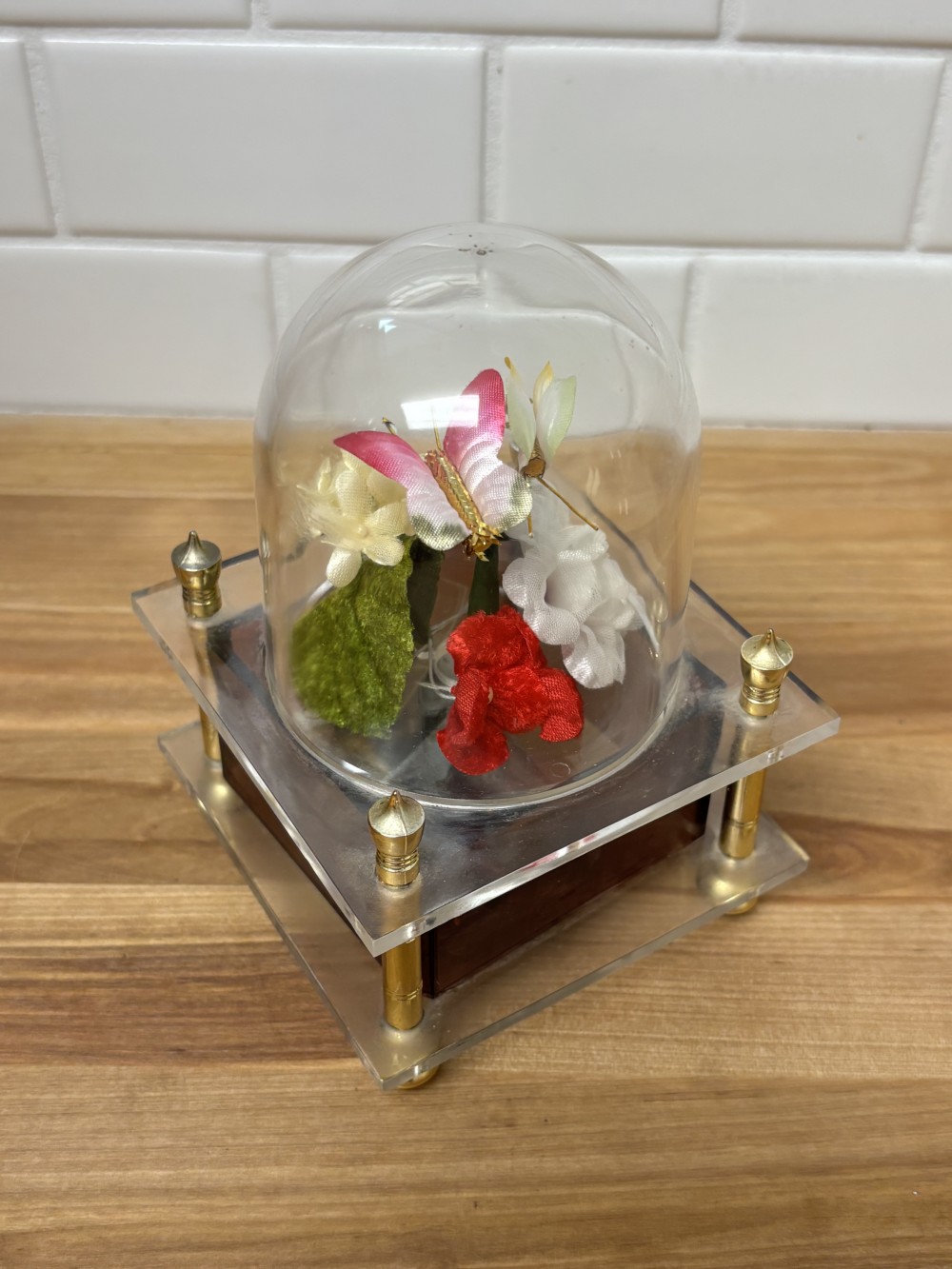 Music Box Vintage Floral Dome Acrylic Cloche WACO Japan Wind-Up 5”