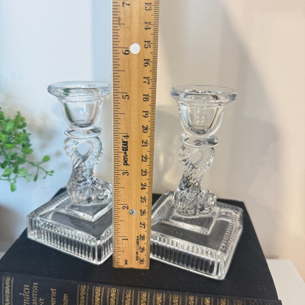Pressed Glass Dolphin Candlestick Holders, Pair