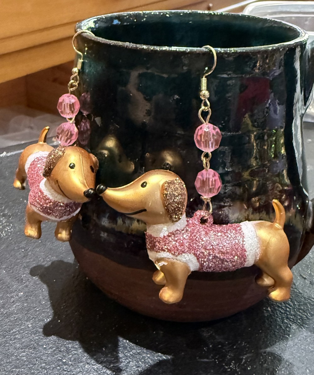 Earrings - Dachshund in Pale Pink Glittered Sweater, Doxie, Dog