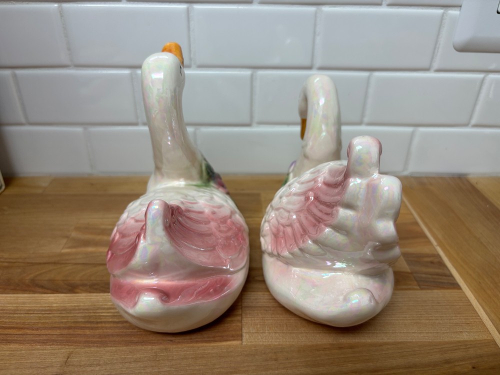 Swan Figurines Ceramic Pair Iridescent Pink Lustre Floral Cottage Decor