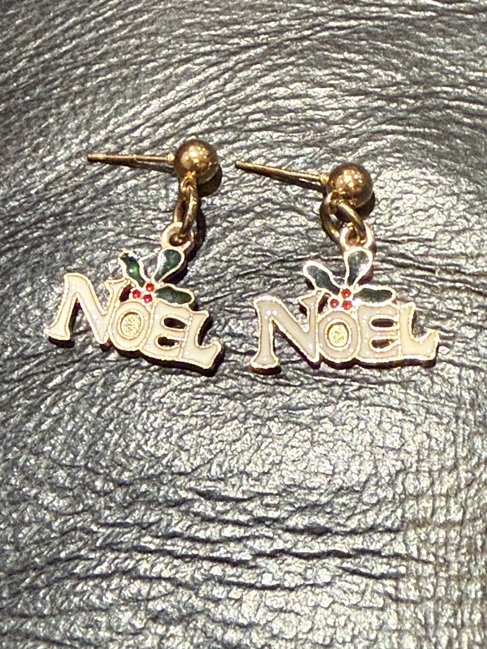 Stud Earrings - Noel with Christmas Holly in Gold and Enamel