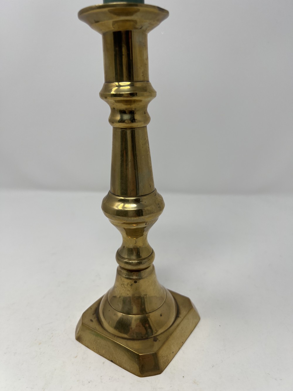 Heavy Brass Candle Stick w/Green Candle