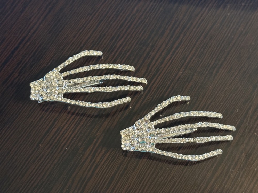 Hair Clips - Rhinestone Silver Rhinestone Skeleton Hands