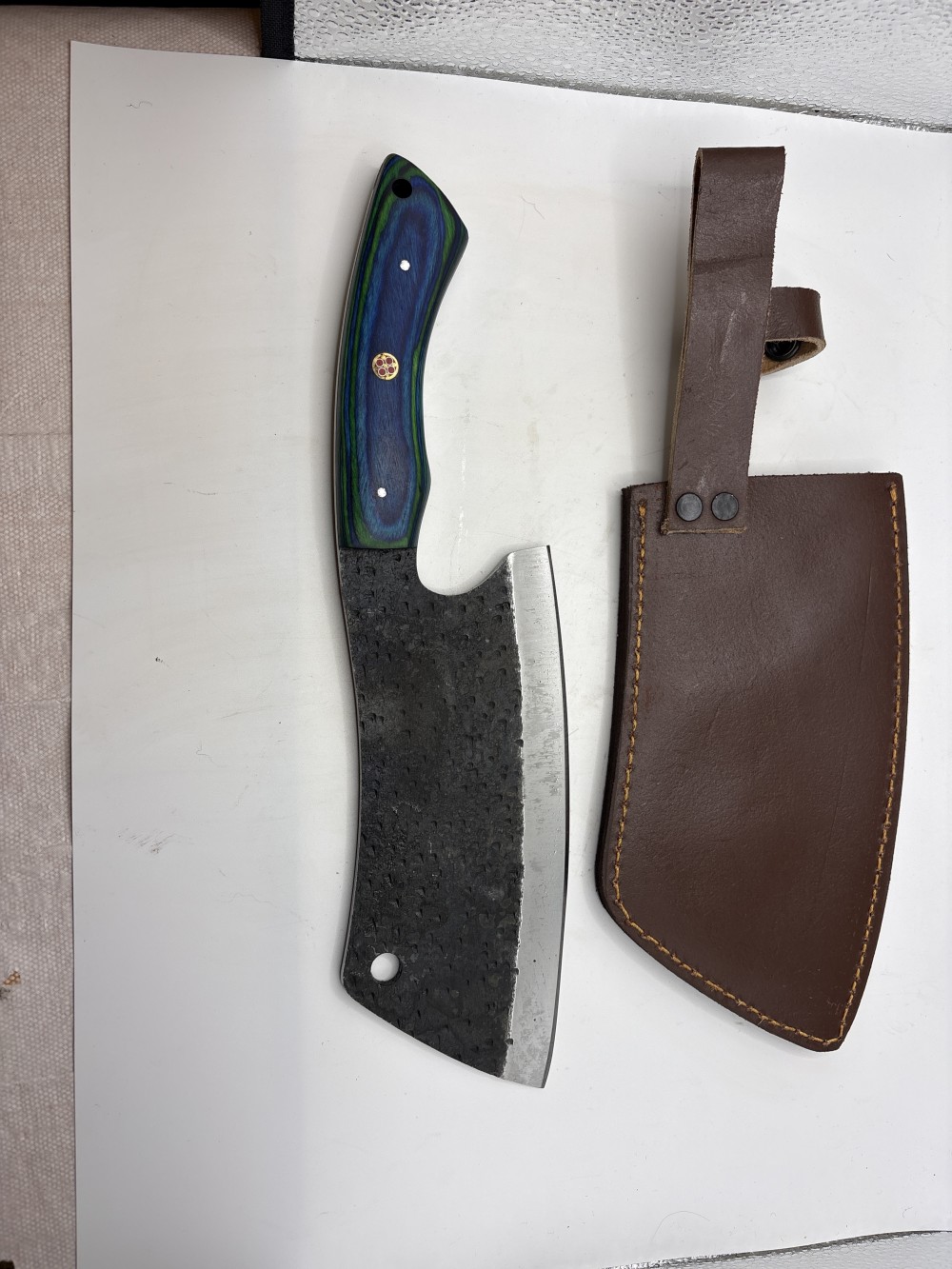 Handmade Cleaver Knife Green and Blue Handle 12 inch Like New with Sheath As-is